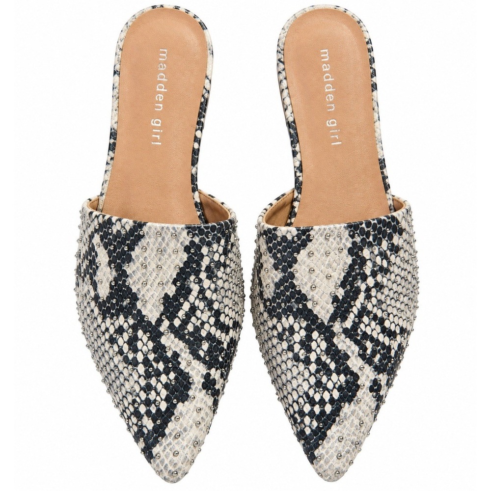 Madden Girl Tania Gray Black Studded Snakeskin Pointed Toe Flat Mules Size 8M